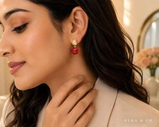 Red & Champagne Crystal Drop Earrings, Gold-Plated Stainless Steel, Gift-Ready
