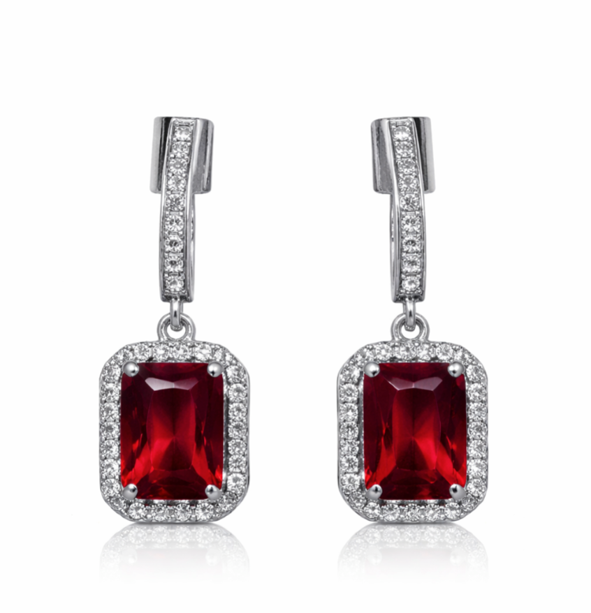 The Royal Ruby – Ruby Cushion Halo Drop Earrings