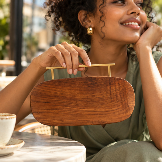 Hand Made Wooden Flat Capsule Clutch | Brass Handle