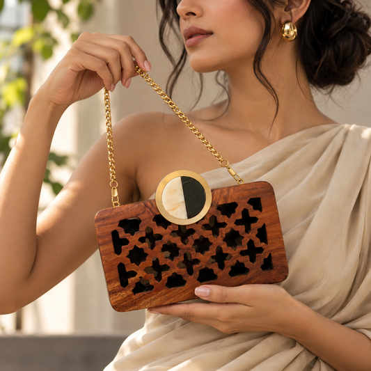 Handcrafted Wooden Cutwork Clutch with Gold Chain Strap | Geometric Statement Evening Bag
