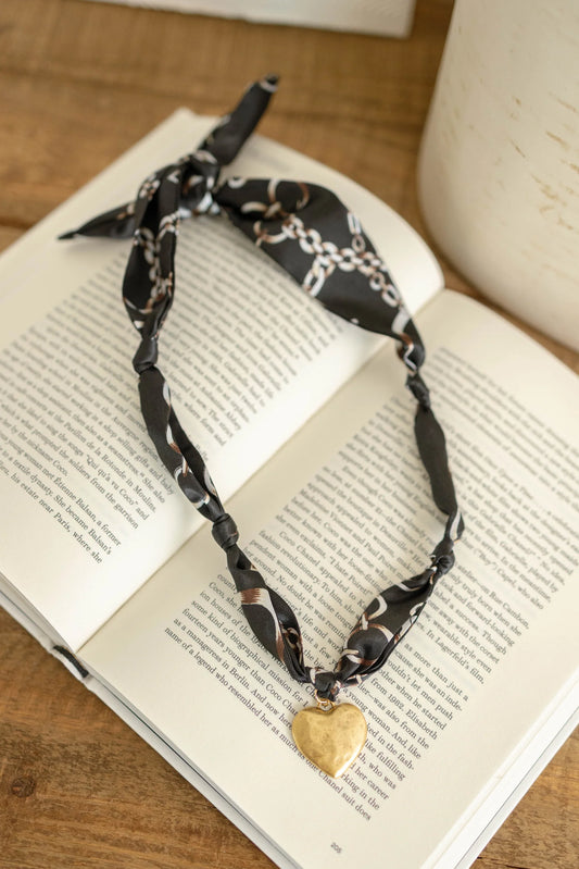 18K Gold Plated Stainless Steel Heart Pendant Polka Dot Scarf Necklace for Women - Black