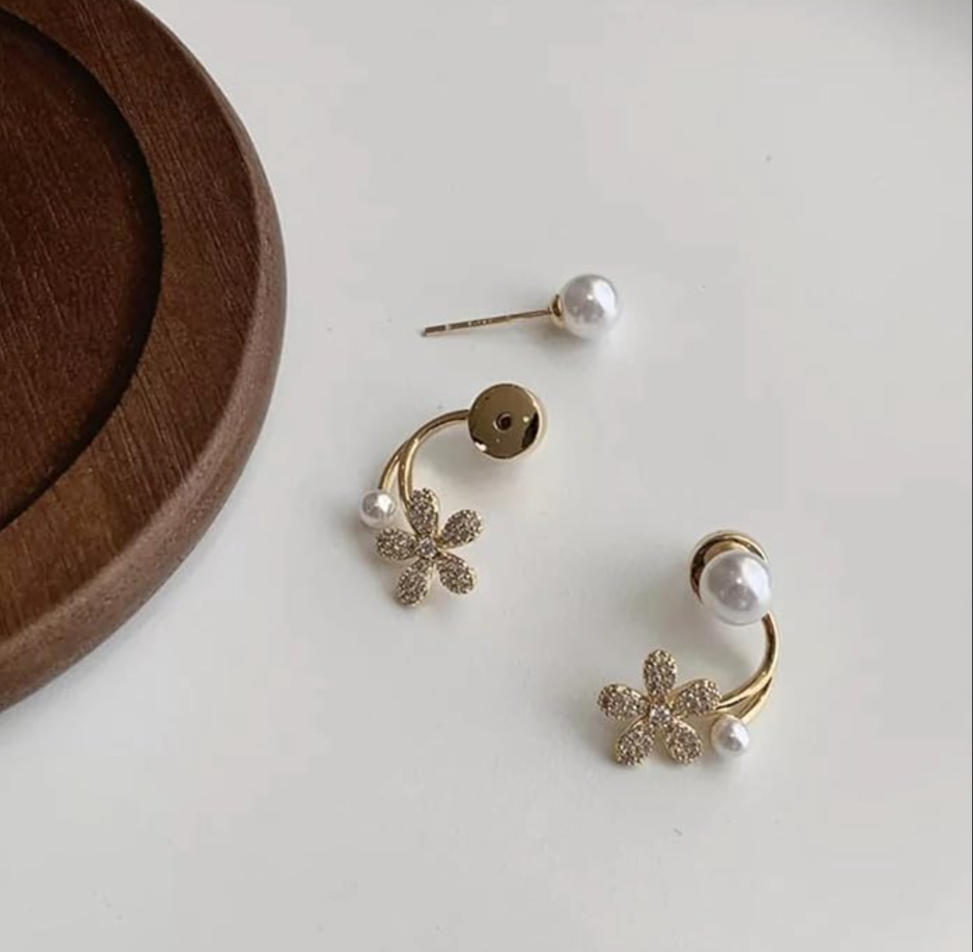 Diamond Flower & Pearl Stud Earrings