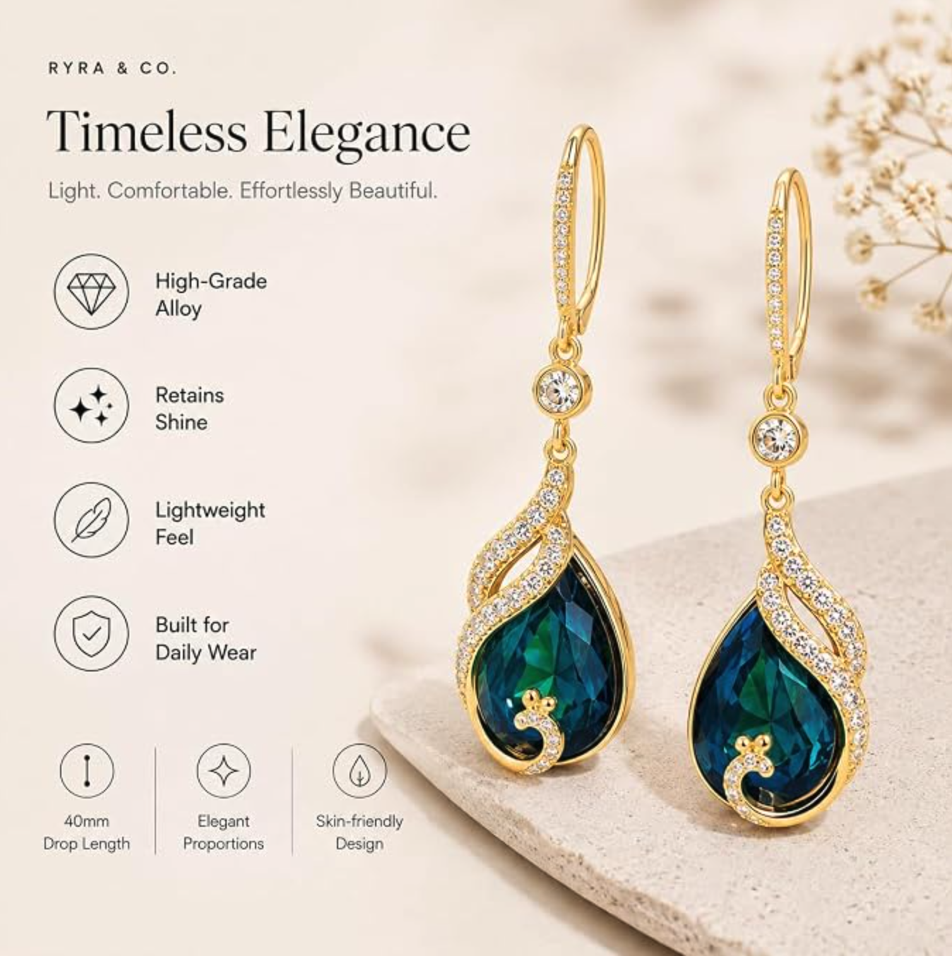 Elegant Luxury Blue Crystal Peacock Earrings