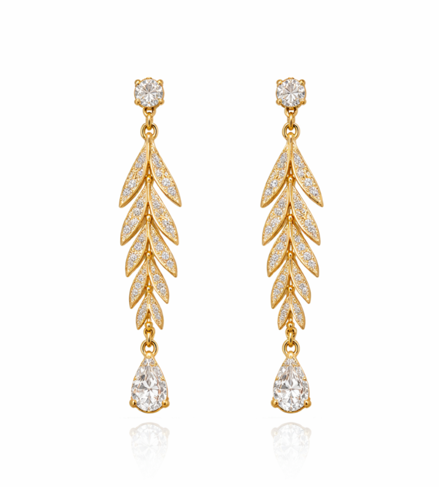 Wing of Gold – Wing Motif Drop Earrings with Pear Drops