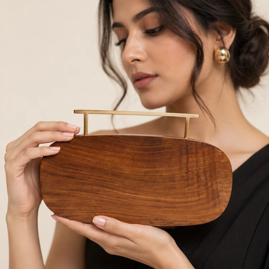 Hand Made Wooden Flat Capsule Clutch | Brass Handle