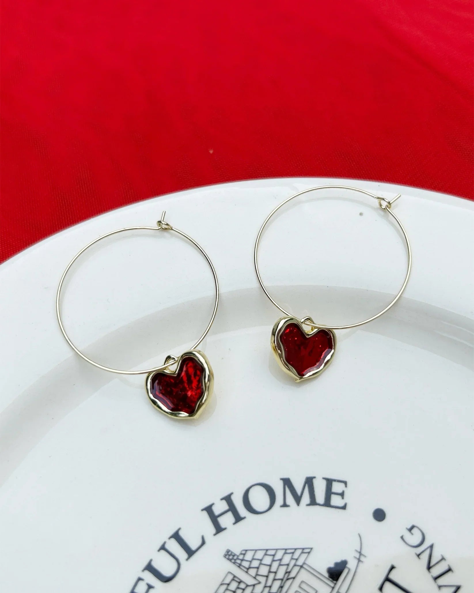 Red Heart Drop Hoop Earring image 2
