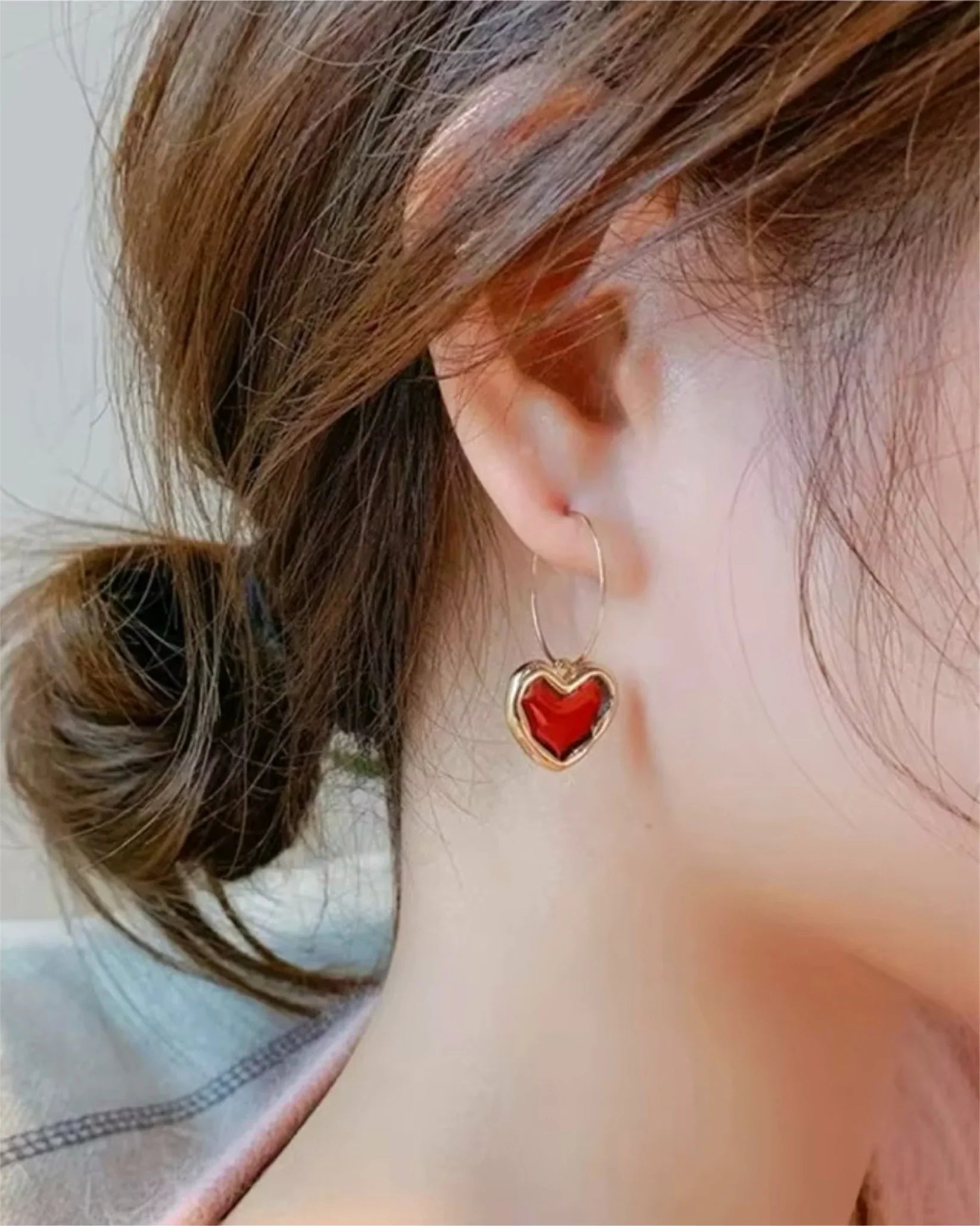 Red Heart Drop Hoop Earring image 1