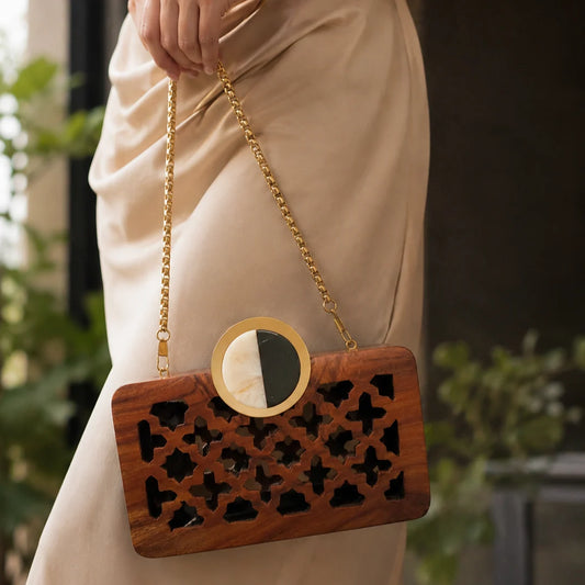 Handcrafted Wooden Cutwork Clutch with Gold Chain Strap | Geometric Statement Evening Bag