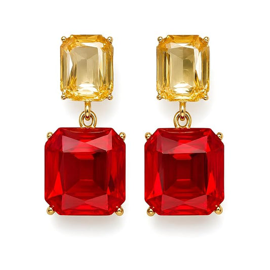 Red & Champagne Crystal Drop Earrings, Gold-Plated Stainless Steel, Gift-Ready