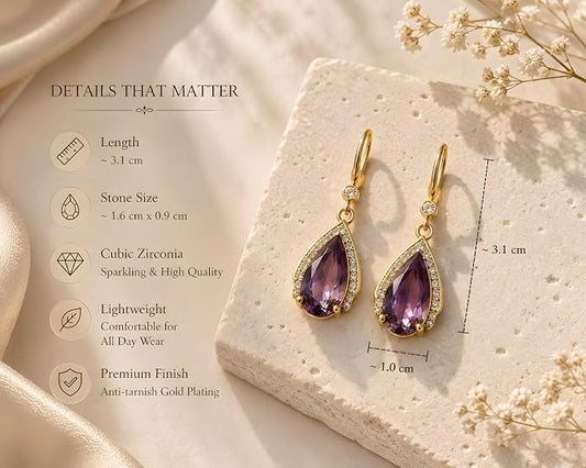 Purple Crystal Hook Earrings for Women | Gold-Plated High-Grade Alloy with Crystal Pavé | Lightweight Daily Wear | Office, Date Night & Gifting
