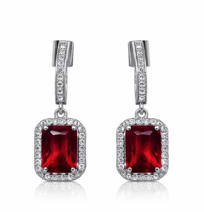 The Royal Ruby – Ruby Cushion Halo Drop Earrings