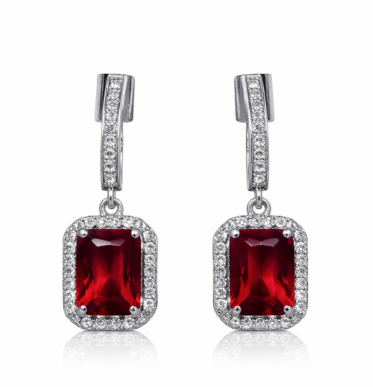 The Royal Ruby – Ruby Cushion Halo Drop Earrings