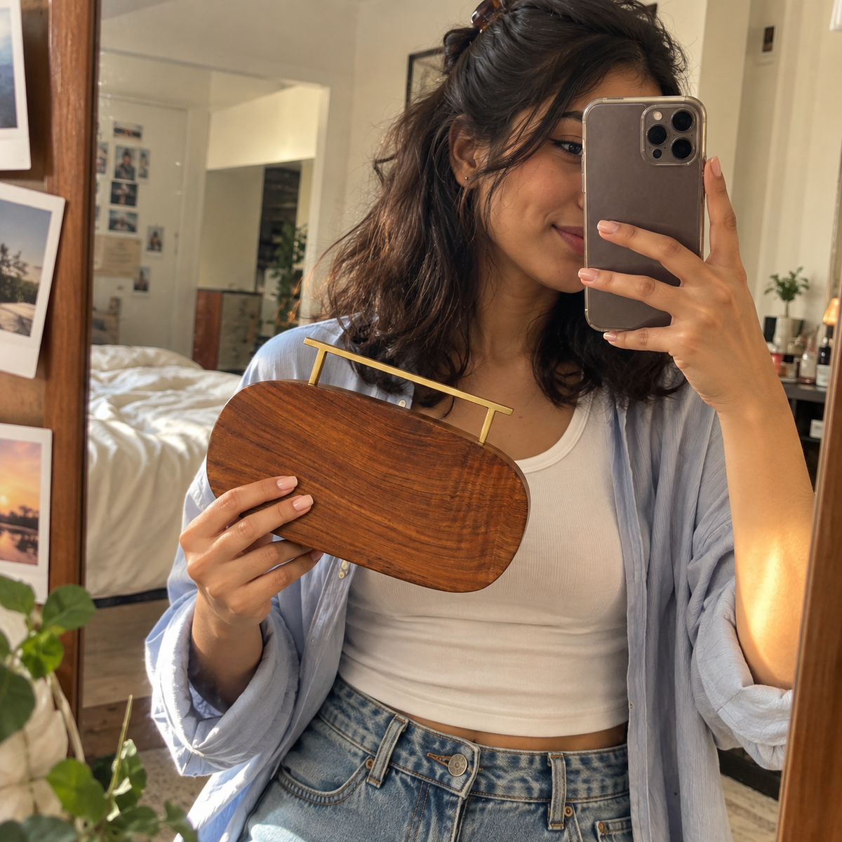 Hand Made Wooden Flat Capsule Clutch | Brass Handle
