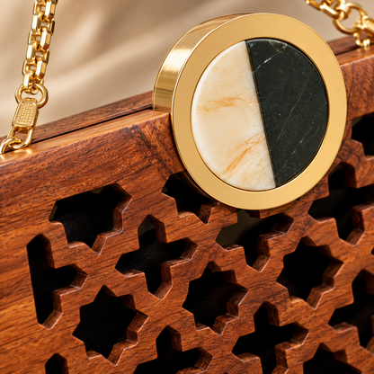 Handcrafted Wooden Cutwork Clutch with Gold Chain Strap | Geometric Statement Evening Bag