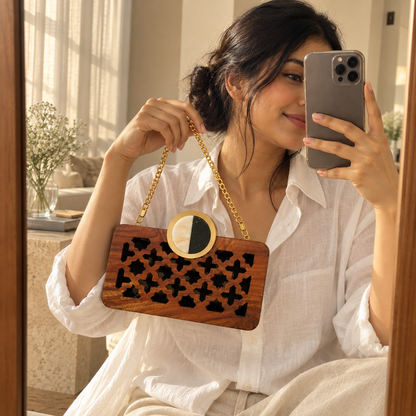 Handcrafted Wooden Cutwork Clutch with Gold Chain Strap | Geometric Statement Evening Bag