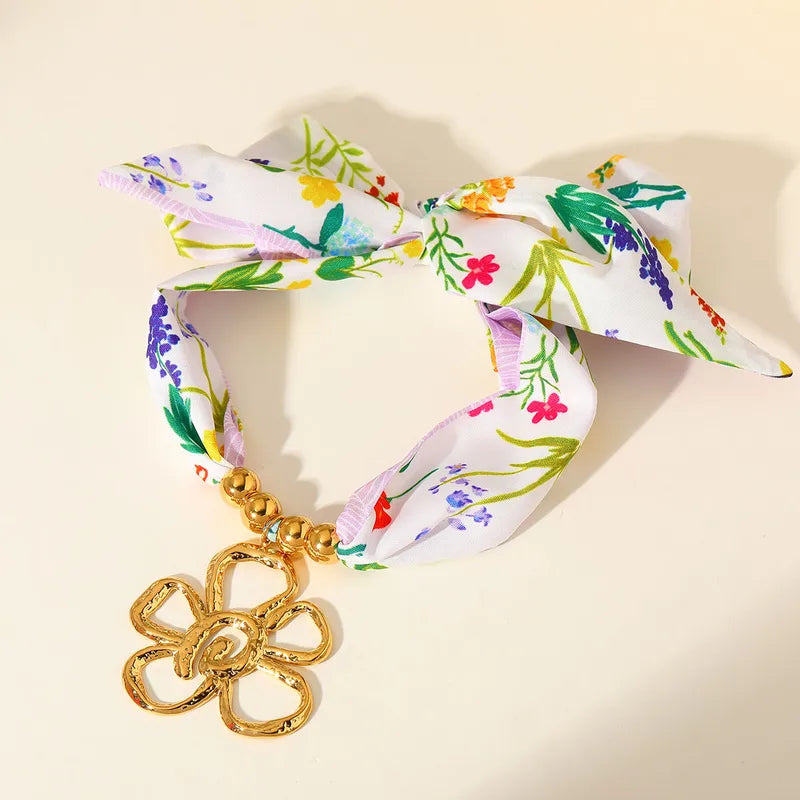 Vacation Style Silk Scarf Necklace with Flower Pendant