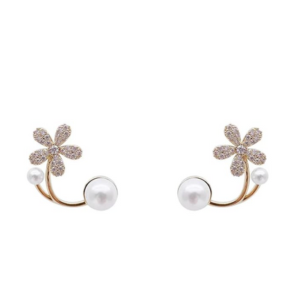 Diamond Flower & Pearl Stud Earrings