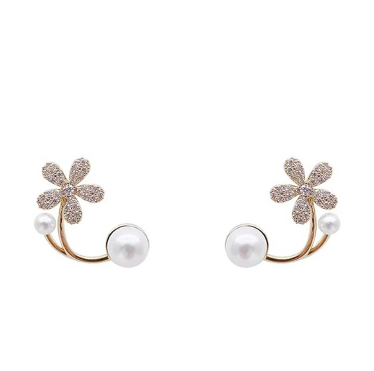 Diamond Flower & Pearl Stud Earrings