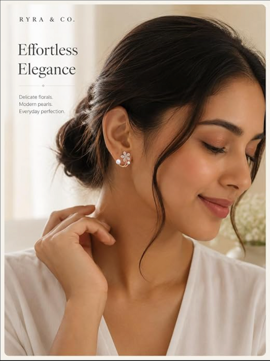 Diamond Flower & Pearl Stud Earrings