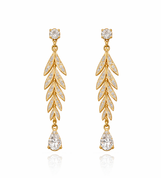 Wing of Gold – Wing Motif Drop Earrings with Pear Drops
