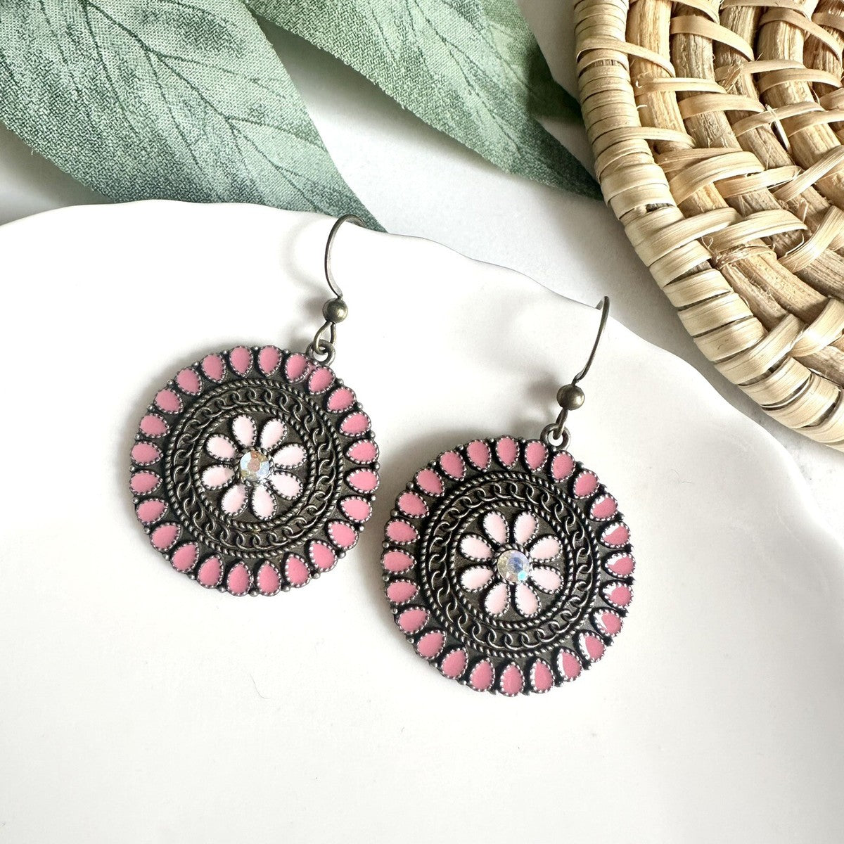 Bohemian Pink Mandala Circle Earrings – Vintage Dangle Style